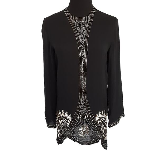 Vintage 1980s 100% Silk Tunic Blouse Black Beaded Statement Collar Long Sleeve S - Picture 1 of 16